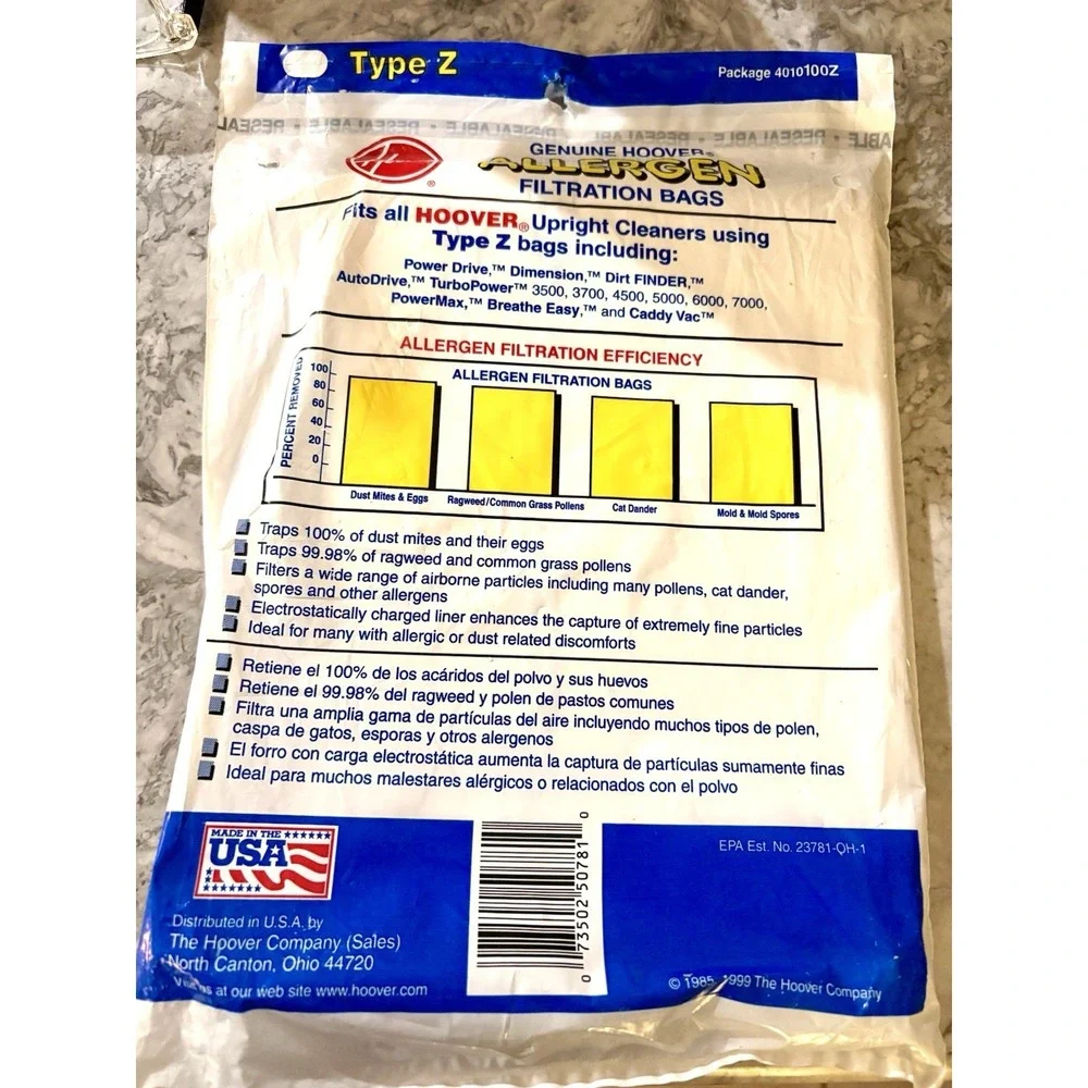 3 pack Genuine Hoover Allergen‎ filtration Vacuum Bags Type Z  For Upright USA